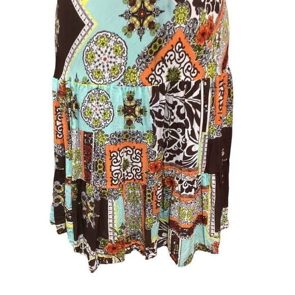 Lily A-Line Strap Brown Orange & Teal Patchwork Summer Midi Dress Size Large - Picture 3 of 11